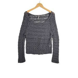 Free People Crochet Knit Scoop Neck Sweater size Medium Gray